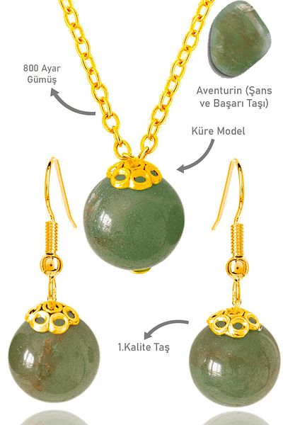 Tesbih Atölyesi Gold Globe Model Jade Stone Necklace and Earring Set - Silver Apparatus, Certified