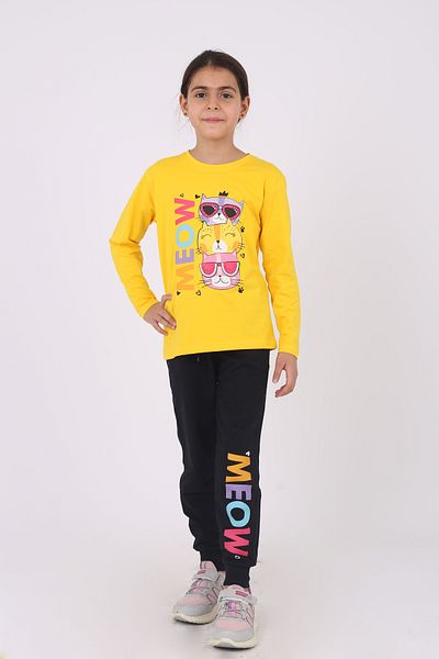 COSBA kids wear Girl's Cotton Under-top Set - Meow Cat Print, Crew Neck, Long Sleeve