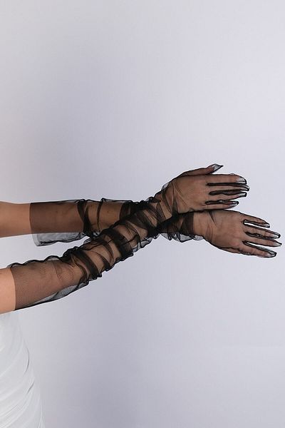 Hayalperest boncuk Black Tulle Bridal Gloves - Long Elbow Length Costume and Special Night Gloves