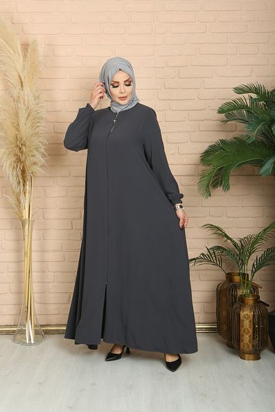Tuğralı Tesettür New Season Gray Hijab Ferace - Mevlana Zippered, Full Length Summer Clothing