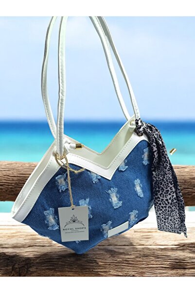 R SHOP Kadın Doğal Hasır Ve Kot Fermuarlı Fular Detaylı Omuz El  Askılı Çanta...