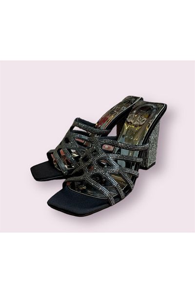 İpek Black Silk Women's Heeled Slippers - Silver Stone Detailed