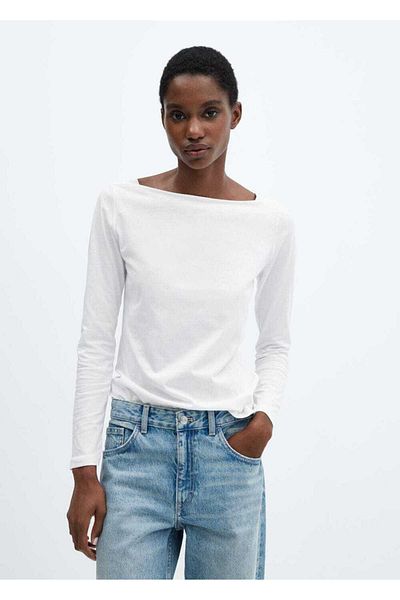 MANGO Woman Baumwoll-T-Shirt mit Bootskragen