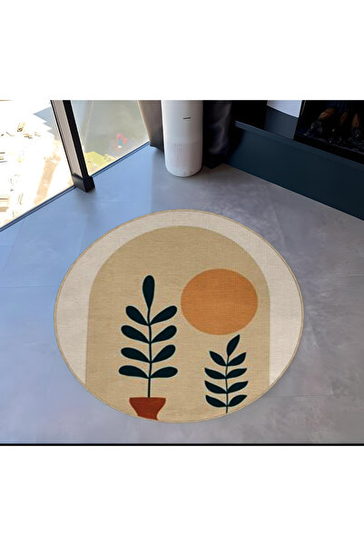 Rugs Modern Halı Beige Themed Abstract Geometric and Plant Patterned Round Wo...
