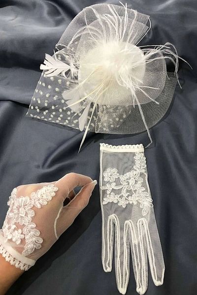 Limelia Bridal Short Lace Gloves and Voilet Cap