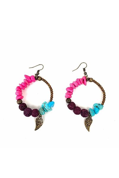 LeylanTakı Women's Natural Stone Bohemian Hoop Pink Handmade Earrings