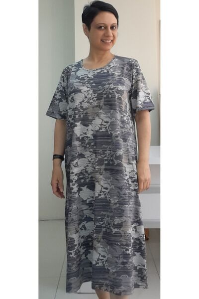 Mertcan Butik Gray Smoked Viscose Dress - Short Sleeve and Rose Pattern