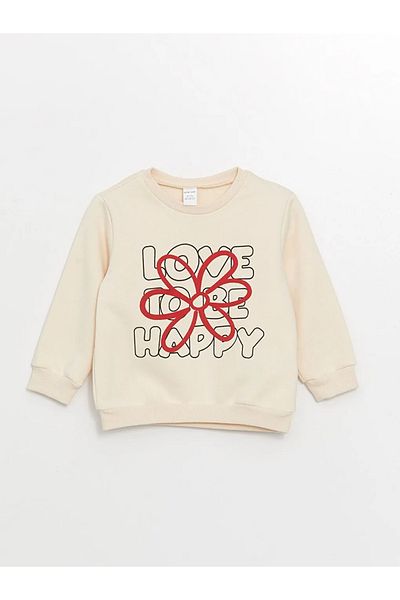 LC Waikiki Lcw Baby Cream Color - Floral Patterned Baby Girl Sweatshirt and Pants Set
