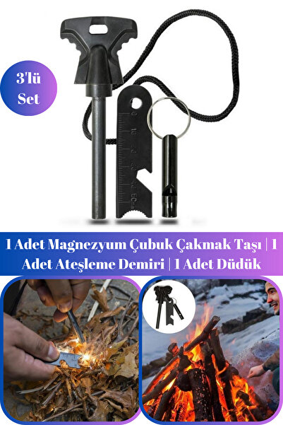 Hane Dostu 3'lü Acil Durum Hayatta Kalma Kiti | Magnezyum Çubuk Çakmaktaşı | ...