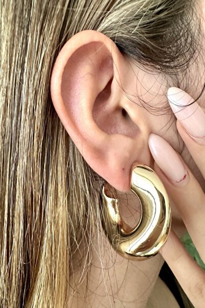 alsaccessories Gold Renk Bombeli Kalın Oval Halka Küpe