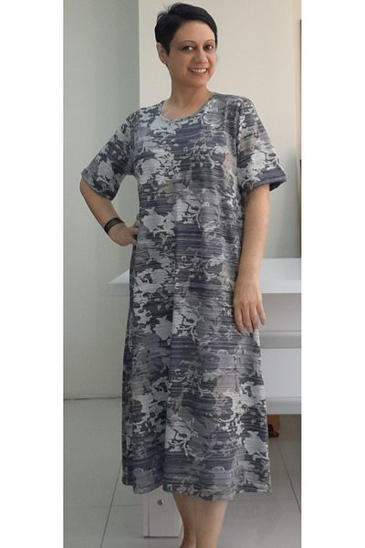 Mertcan Butik Γκρι καπνιστό φόρεμα βισκόζης - κοντό μανίκι και μοτίβο τριαντάφυλλου