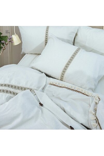 NDC HOME BATTAL Size Cream Brown Lace Duvet Cover Set