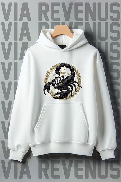 Vordevia White Scorpion Printed Kangaroo Pocket Oversize Sweatshirt - 3 Thread Raster Hooded