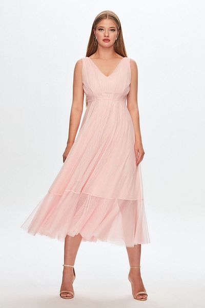 Piecears V-Neck Powder Pink Tulle Promise Engagement Dress Evening Dress