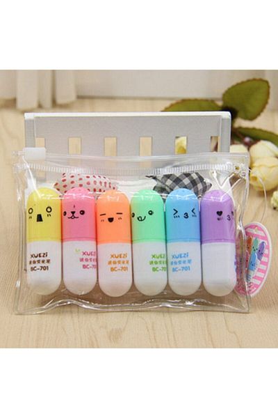 Jane 6 Color Highlighter Pen Set in Mini Pill Shape