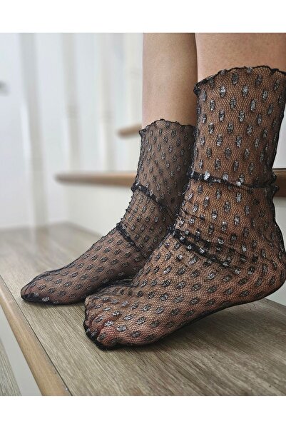 DİLARRA Boutique Simli Baklava Desenli Siyah Tül Çorap