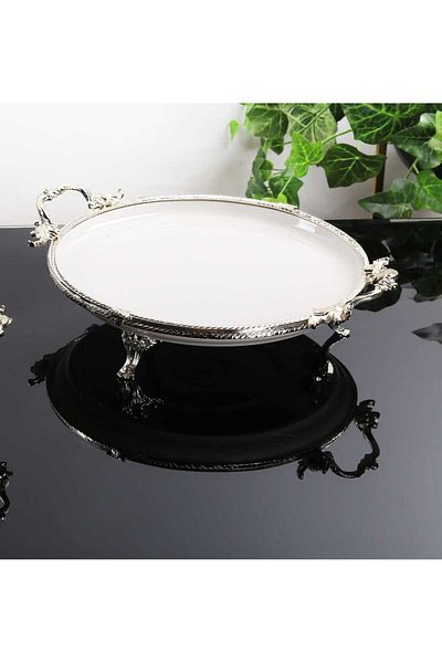 MaviDamla Silver Colored 1 Piece Footed Cast Edge Frame Round Porcelain Presentation Holder
