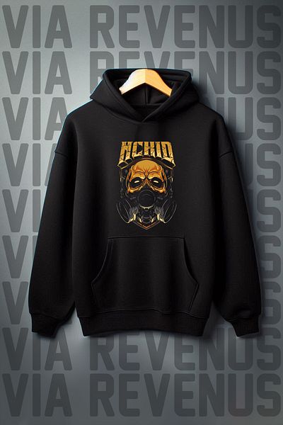 Vordevia Acid Printed Achid Kangaroo Pocket Black Hooded Oversize Sweetshirt - 3 Thread Raster