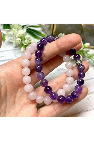 badeaccessories Sertifikalı Pembe Kuvars, Ametist Kombin Doğaltaş Bileklik