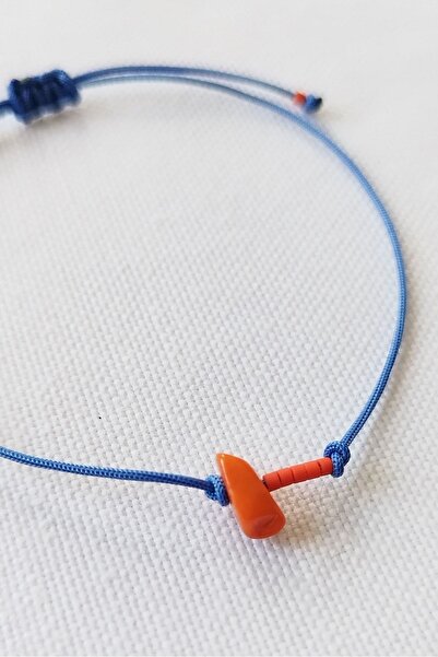 Minimal Wish Bracelet with Coral Gemstone and Blue Drawstring
