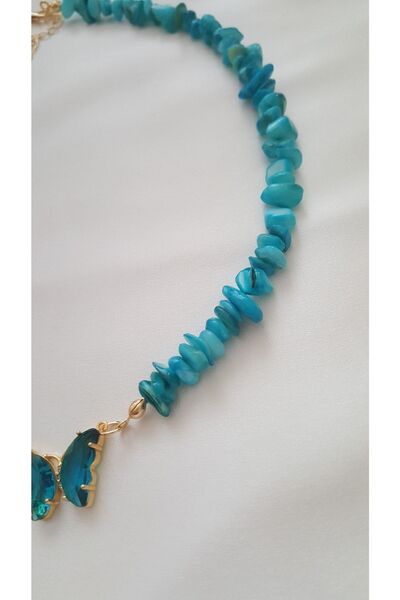 Galibarda Cam Kelebekli Mavi Sedef Dogal Taş Kolye