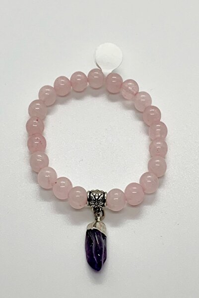 Dcstore Doğal Pembe Kuvars  Aşk Taşı Ve Ametist  Sevgi Taşı Bileklik