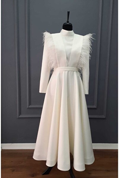 sade abiye Tüylü Beyaz Tesettür Saten