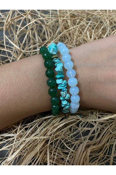 Melek Bozkurt Natural Stone Combination - Bracelet Moon Stone, Jade Stone, Broken Turquoise Stone