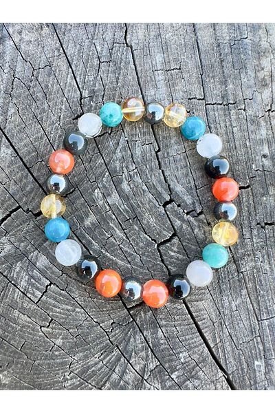 Gökçeada 8mm Gemini Sign Bracelet - Natural Stone Apatite, Routine Quartz, Yemen Agate, Citrine, Obsidian, Hematite