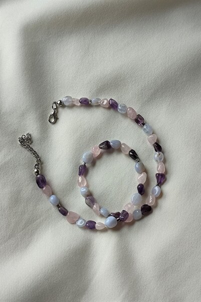 badeaccessories Sertifikalı Ametist,kalsedon, Pembe Kuvars Amorf Doğaltaş Kolye