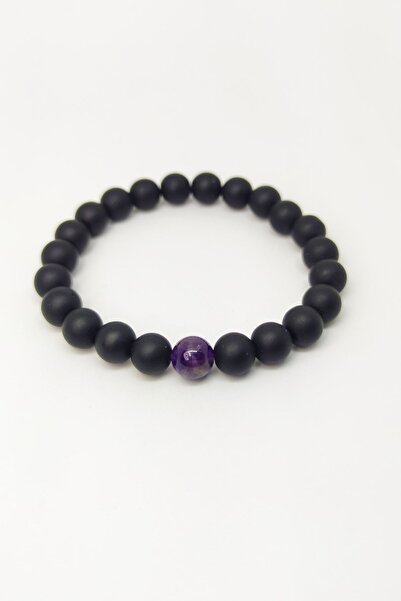 Armis Unisex Black Matte Onyx Amethyst Single Stone Natural Stone Bracelet