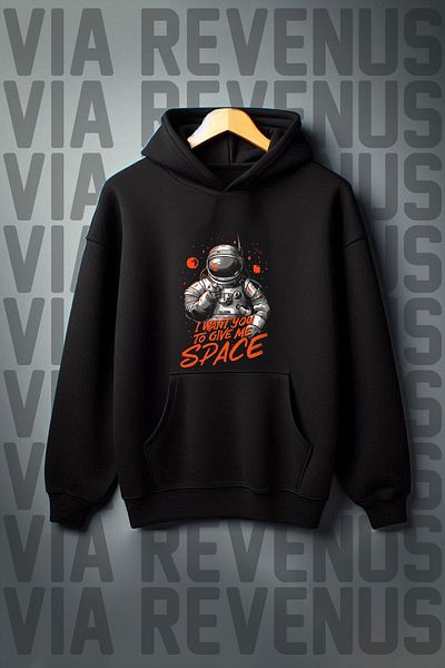Vordevia Astronaut Printed - 3 Thread Black Hooded Oversize Sweatshirt
