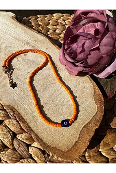 Kosovalı Nazar Boncuklu Turuncu Yaz Kolyesi,40 Cm
