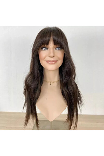 AKOLİFE Çikolata Kahve Perçemli Uzun Peruk - Gerçek Saç Dokusu