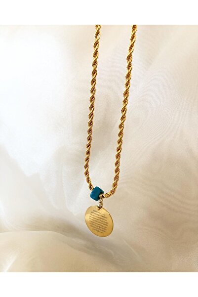 Takıcım Ayetel Kürsi Dualı Plaka Boncuklu Gold Kolye