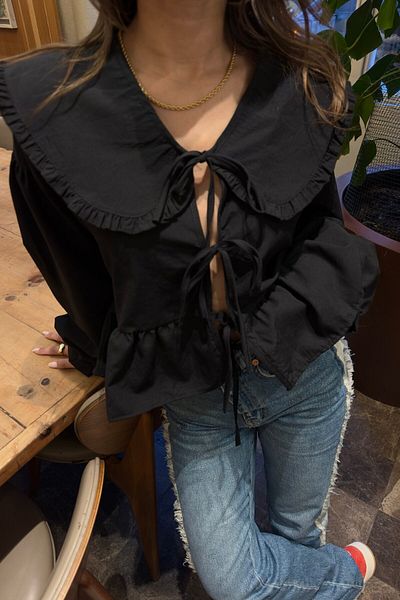 bymaestro woman Cămașă neagră de damă cu guler pentru bebeluși cu șireturi