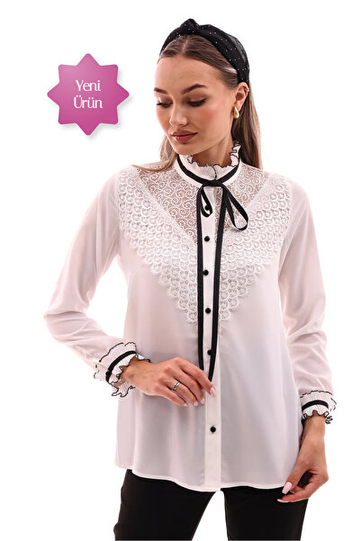 Loom Boutique Kadın Büyük Beden Dantelli Bağcıklı Krep Gömlek G0050