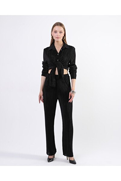 Genel Markalar Kadın Siyah kendinden Piliseli pantolon Gömlek Takım
