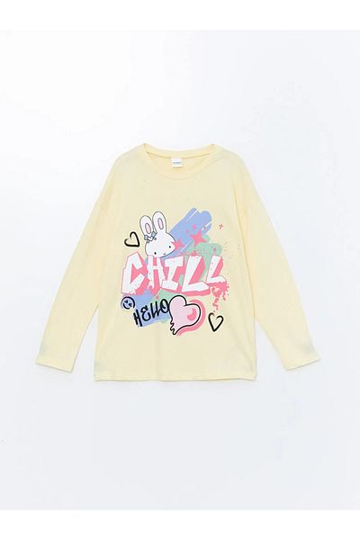 LC Waikiki Lcw Dream - Light Yellow Crew Neck Printed Girl's Long Sleeve Pajamas Set