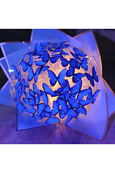 Melines Led Işıklı Kelebek Buketi, Solmayan Çiçek Buket - Premium, Mavi