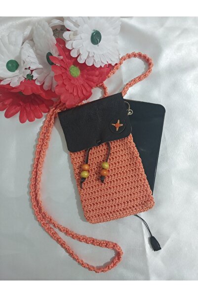Makrome İpten El Örgüsü Handmade Turuncu Hakiki Deri Kapaklı Cep Telefonu Çantası