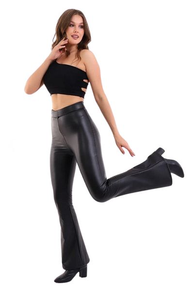 MB-MODA BİZİMLE Leather Women's Spanish Trousers - Elastic Waist