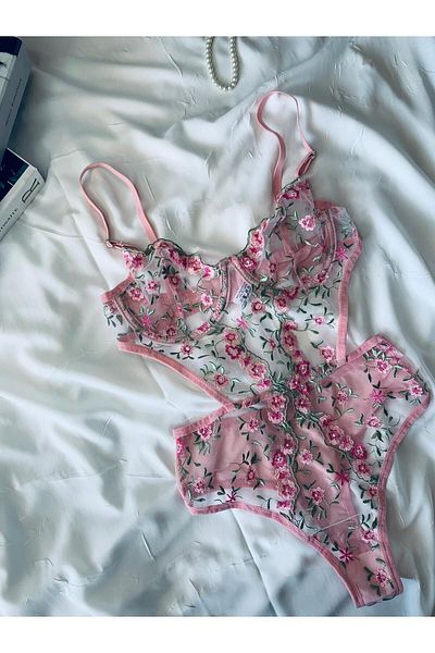 ROZENİN LINGERIE Body fără șapcă cu sârmă, cu broderie florală roz, sezon nou