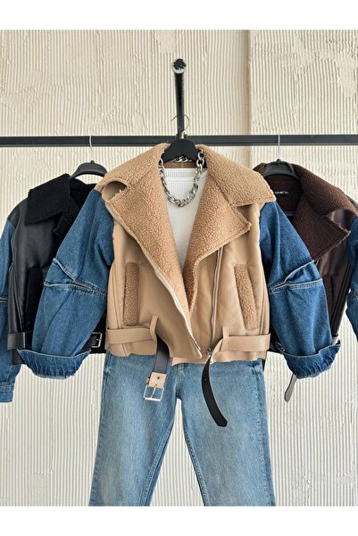 ASEDE Jachetă de pluș supradimensionată - Detaliu denim, laminată din piele