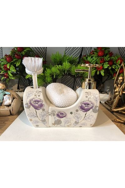 Atak Hediyelik Porcelain Lavin Brushed Liquid Soap Dispenser with Sponge Holder