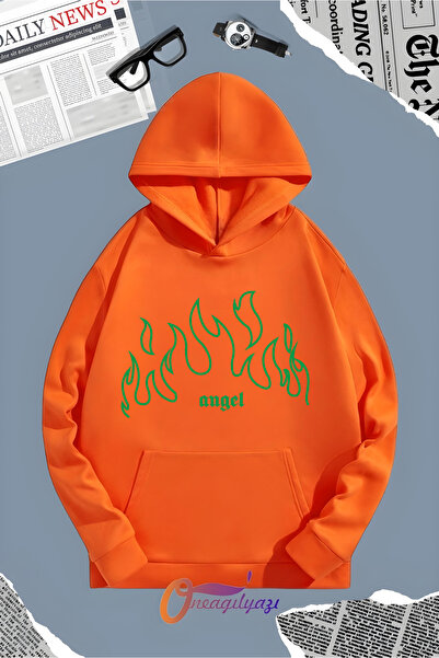 oneagılyazı ANGEL YEŞİL Hanorac cu glugă tricou - Imprimat cu flăcări