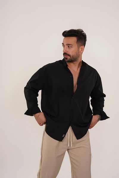 SCSARVİN Linen Shirt - Black, High Collar, TB Model