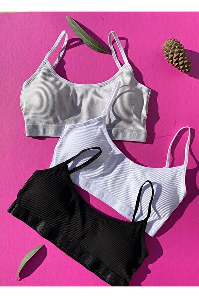 VicTroy Αθλητικό σουτιέν Camisole με λεπτές τιράντες, 3 τμχ βαμβακερά μαύρα, λευκά και γκρι αφαιρούμενα μαξιλαράκια