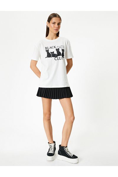 Koton Katzen-T-Shirt aus Baumwolle mit kurzen Ärmeln und Rundhalsausschnitt