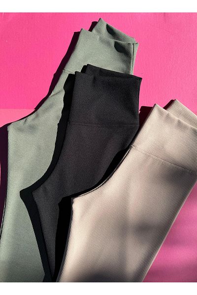 VicTroy Pachet de 3 jambiere elastice cu nervuri cu talie înaltă pentru femei - negru, crem și verde